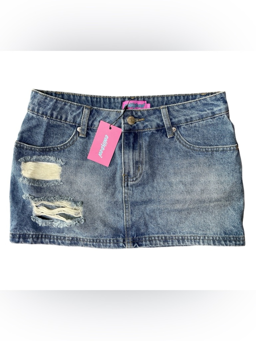Edikted distressed denim mini skirt size small Y2K low rise blue jean skirt